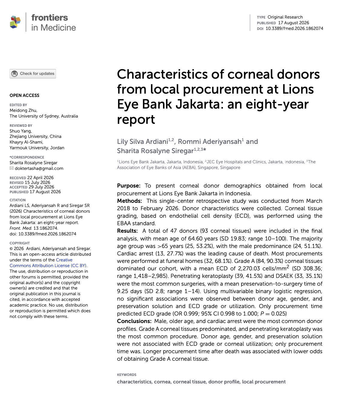 Characteristics of corneal donors from local procurement at Lions Eye Bank Jakarta: an eight-year report